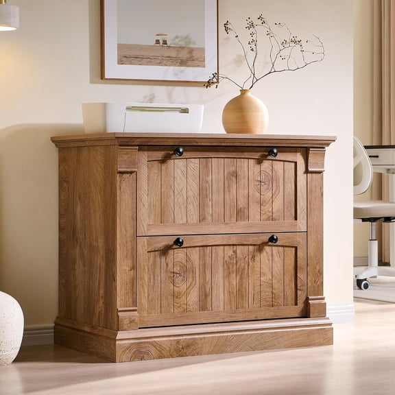 Farmhouse File Cabinet with 2 Drawers, 35.3" Lateral Filing Cabinet with Hanging File Folders, Interlocking Drawers, Wood Rustic Storage Cabinet for Home Office, Living Room, Light Knotty Oak