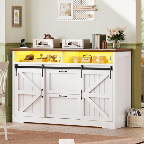Farmhouse File Cabinet with 2 Drawers, 47" Horizontal filing cabinet with LED Lights & Power Outlets for Office, Filing Cabinet with 2 Sliding Barn Doors, Large Storgae Cabinet for Home, White