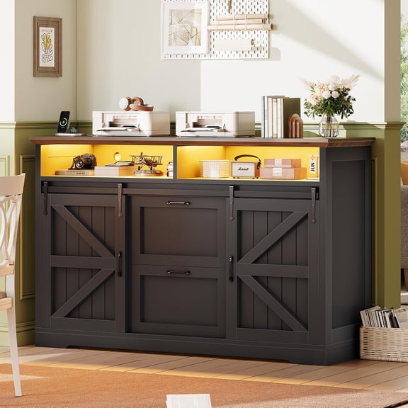 Farmhouse File Cabinet with 2 Drawers, 47" Horizontal filing cabinet with LED Lights & Power Outlets for Office, Filing Cabinet with 2 Sliding Barn Doors, Large Storgae Cabinet for Home, Black