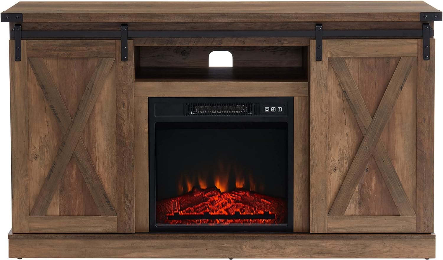 Farmhouse Fireplace TV Stand for 60 Inch TV, Sliding Barn Door Electric