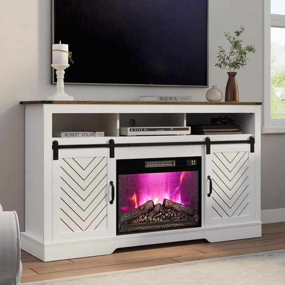 Farmhouse Fireplace TV Stand for 65+ TV, Entertainment Center with 23" Electric Fireplace with Remote, 34" Tall Modern Rustic TV Console with Sliding Bar Door for Living Room, Antique White