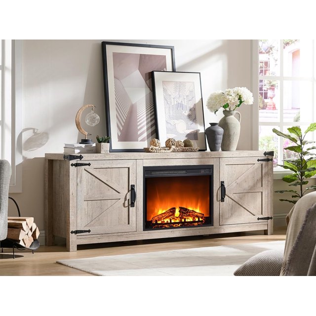 . Farmhouse Fireplace TV Stand for 70 75 Inch TV, Rustic