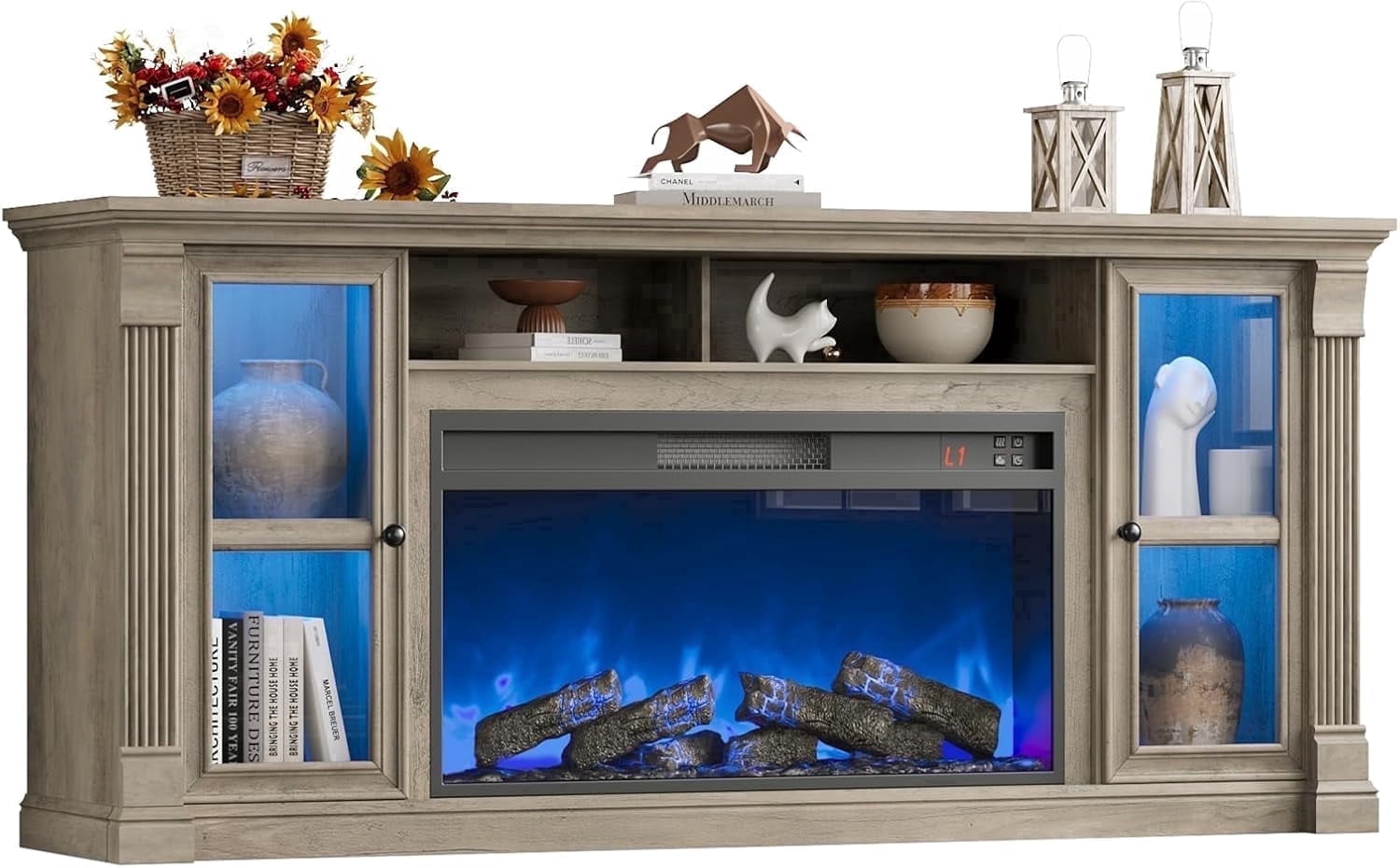 Vecenuy Farmhouse Fireplace TV Stand for 80" TVs, 70" Highboy Entertainment Center w/ 36" Electric Fireplace & LED Lights, Media Console w/ Adjustable Shelves for Living Room Gray