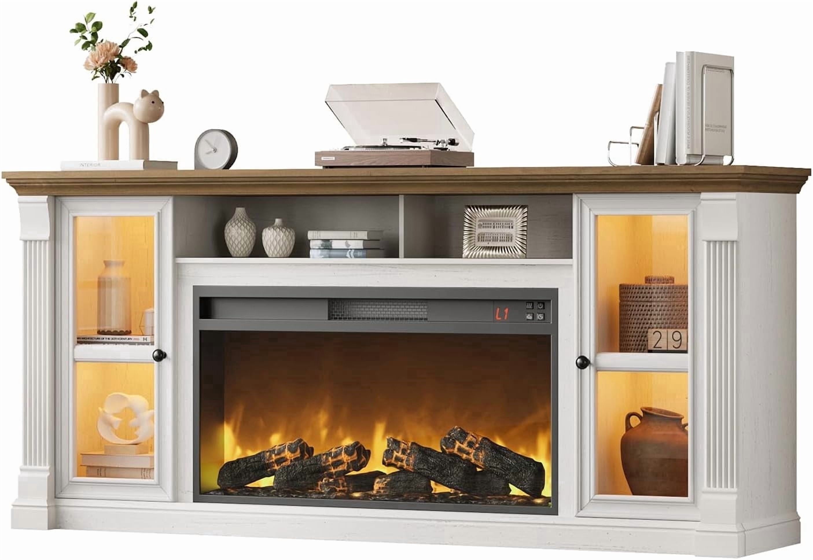 Vecenuy Farmhouse Fireplace TV Stand for 80" TVs, 70" Highboy Entertainment Center with 36" Electric Fireplace & LED Lights, Media Console with Adjustable Shelves for Living Room, Antique White