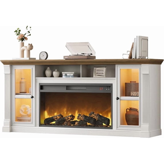 Vecenuy Farmhouse Fireplace TV Stand for 80" TVs, 70" Highboy Entertainment Center with 36" Electric Fireplace & LED Lights, Media Console with Adjustable Shelves for Living Room, Antique White