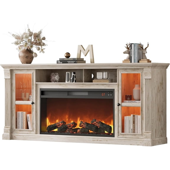 Farmhouse Fireplace TV Stand Up to 80" TVs, 70" Modern Highboy Entertainment Center with 36" Electric Fireplace & LED Lights, Media Console with Adjustable Shelves for Living Room, Antique Brush Gray