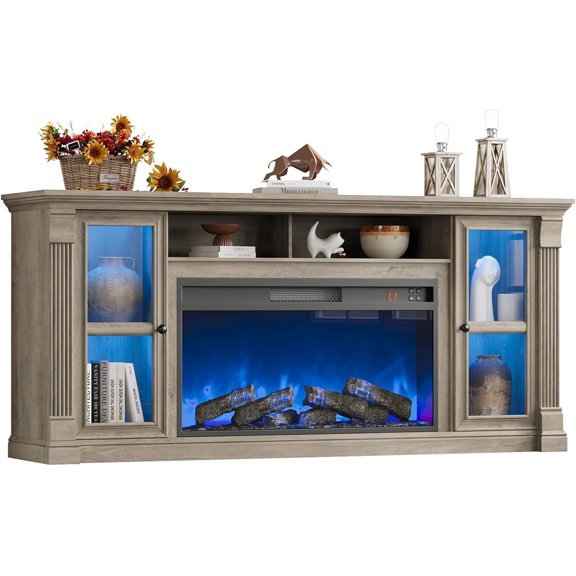 Farmhouse Fireplace TV Stand Up to 80" TVs, 70" Modern Highboy Entertainment Center with 36" Electric Fireplace & LED Lights, Media Console with Adjustable Shelves for Living Room, Gray