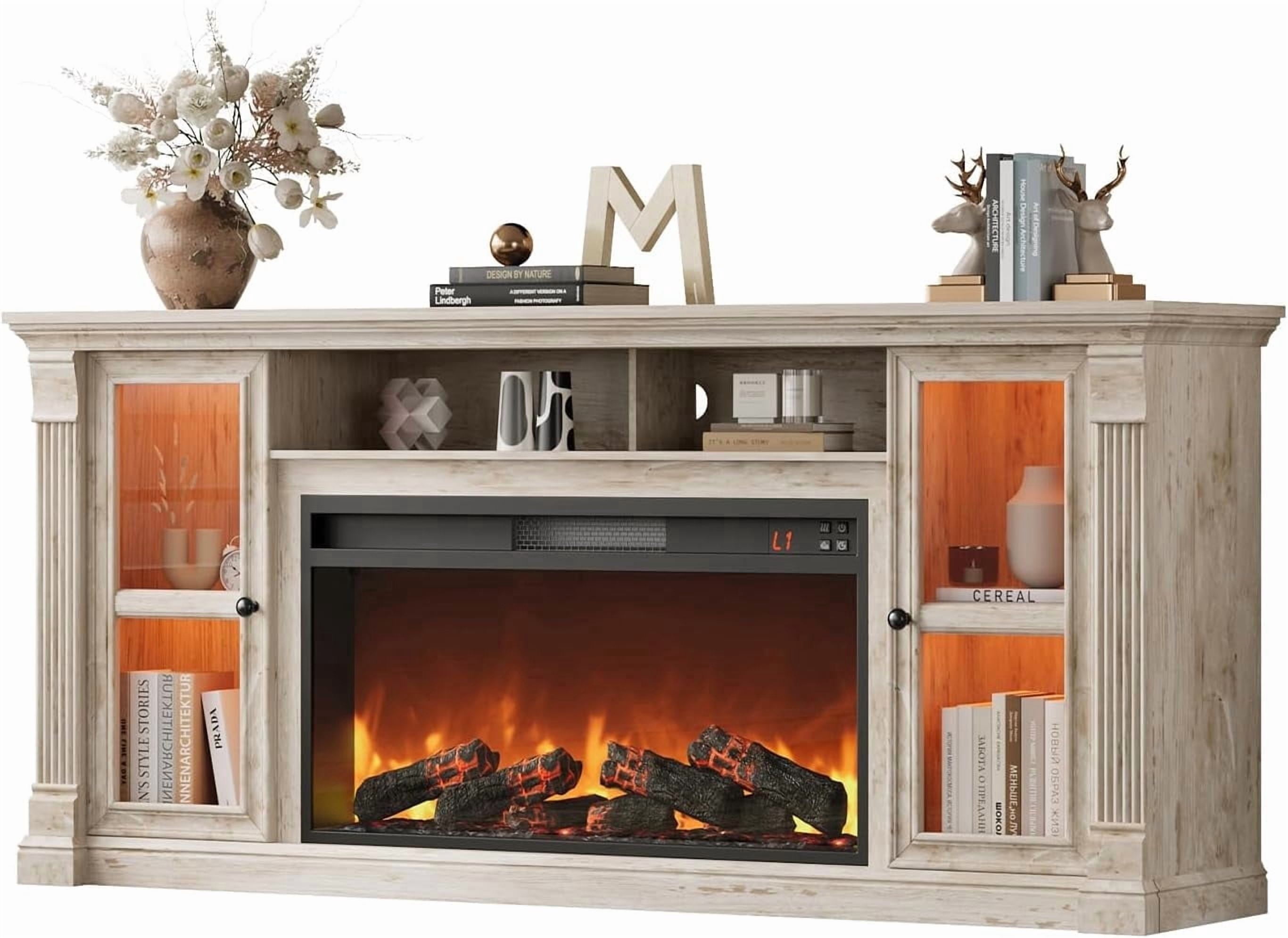 Vecenuy Farmhouse Fireplace TV Stand for 80" TVs, 70" Modern Entertainment Center with 36" Electric Fireplace & LED Lights, Media Console with Adjustable Shelve for Living Room, Antique Brush Gray