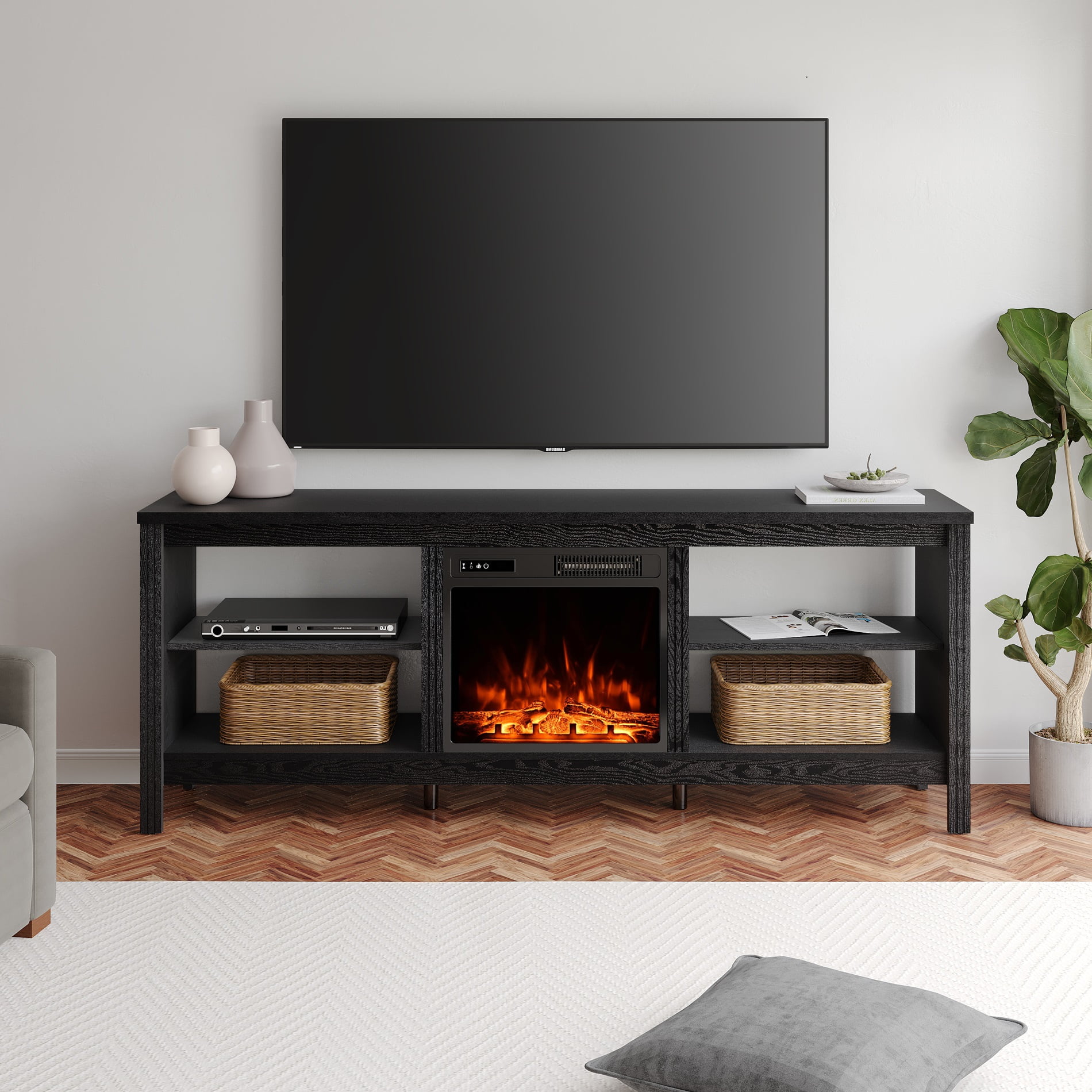 Farmhouse Fireplace TV Stand, Entertainment Center with Electric Fireplace, 70 inch, Black