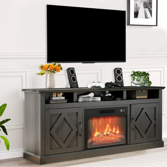 Farmhouse Fireplace TV Stand for TVs Up to 80 Inch, 67'' Media Console Table with 23" Electric Fireplace, Entertainment Center with Open Storage and Side Cabinets for Living Room