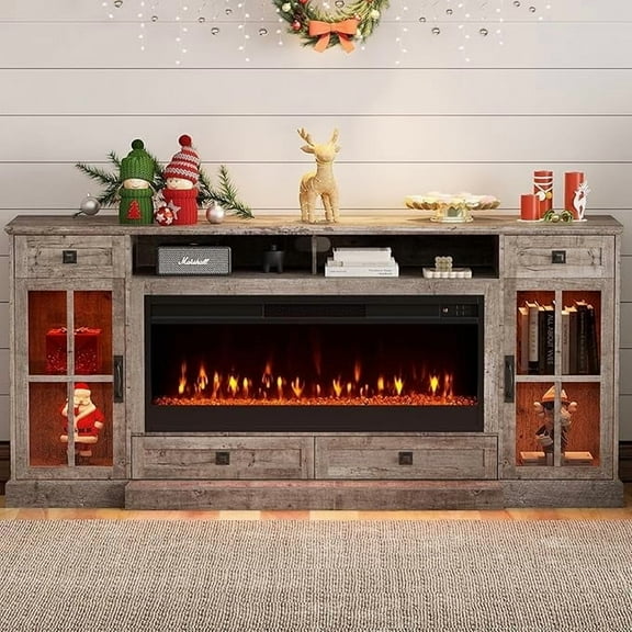 VanAcc Farmhouse Fireplace TV Stand for TVs up to 80", 70" Large TV Stand with Lighting Glass Door Cabinets/Drawers, Entertainment Center, Wash Gray