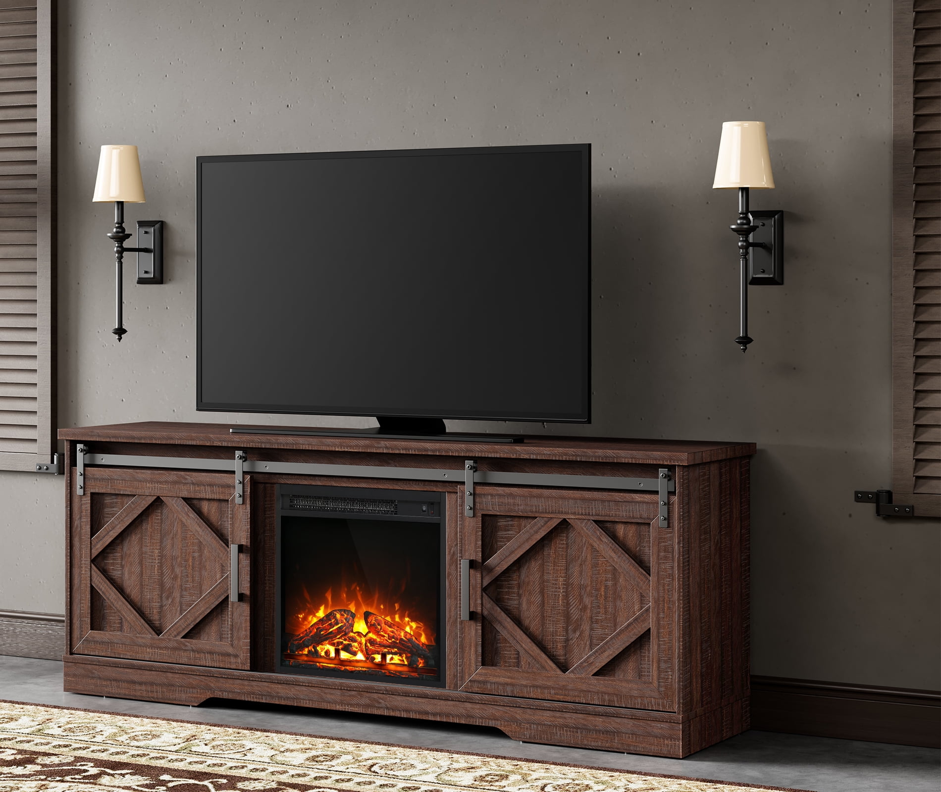 Farmhouse Fireplace TV Stand for up to 75 inch TVs Brown