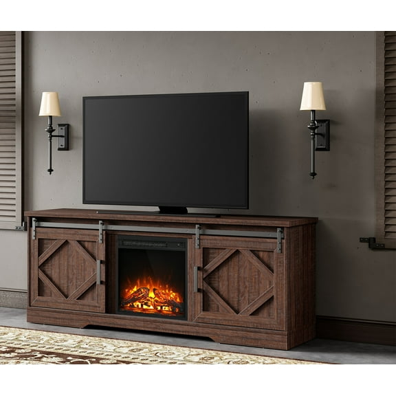 Farmhouse Fireplace TV Stand for up to 75 inch TVs Brown