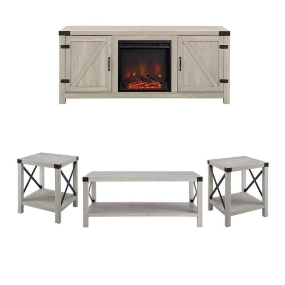Farmhouse Fireplace TV Stand with Coffee Table and 2 End Table Set in Stone Gray