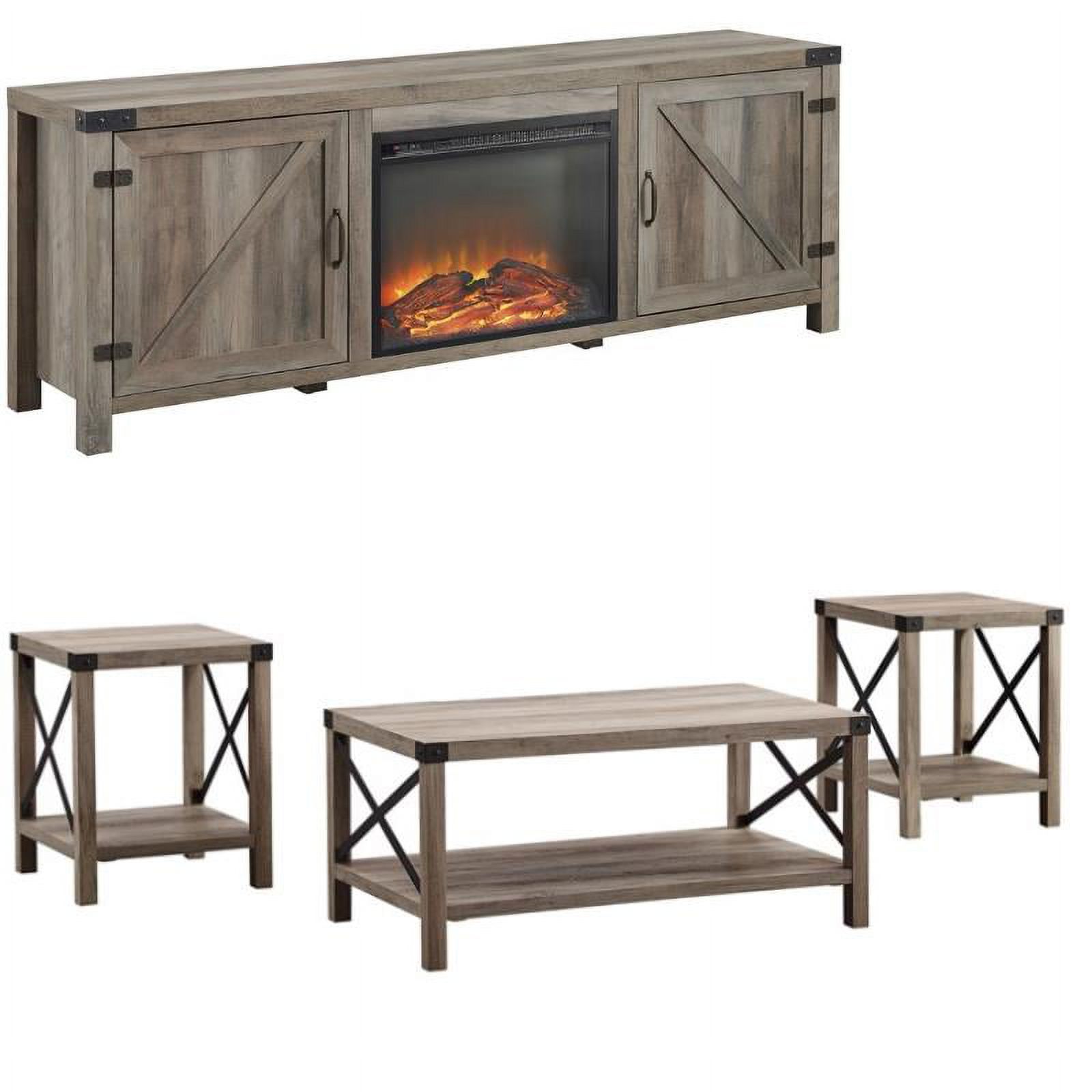 Farmhouse Fireplace TV Stand with Coffee Table and 2 End Tables Set in