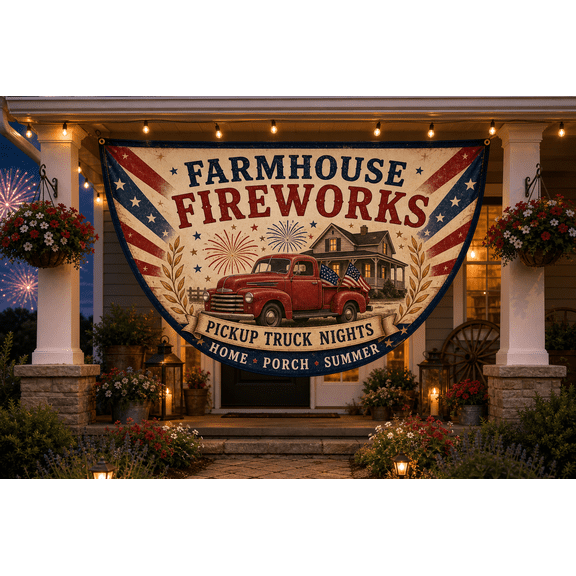 Farmhouse Fireworks Semicircle Flag, Pickup Truck Porch Banner for Summer