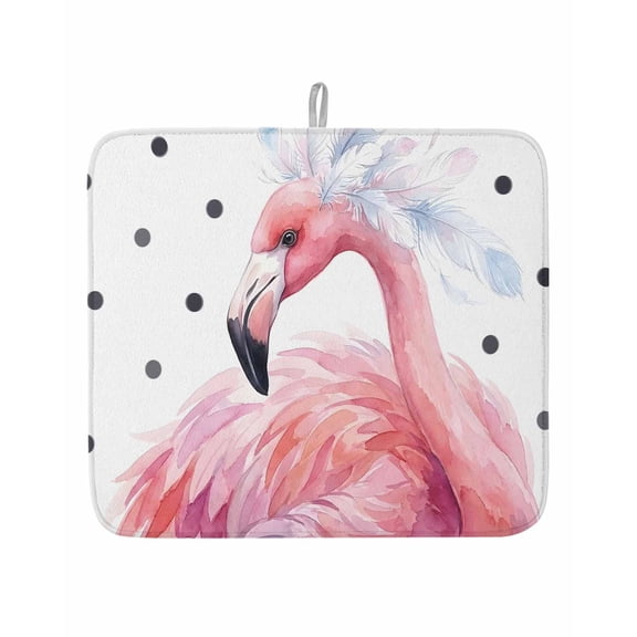 Farmhouse Flamingo Polka Dot Dish Drying Mats for Kitchen Counter,Absorbent Microfiber Dish Drainer Rack Mat Pink Animal Feather Close-up Art Drying Pad for Sinks,Utensils,Countertops,16x18in