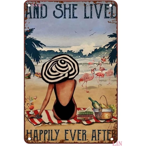 Farmhouse Flamingo and Woman Beach Metal Wall Art Sign, Retro Tin Decor Plaque for Home Bathroom Cafe Kitchen, 8 x 12 Inch