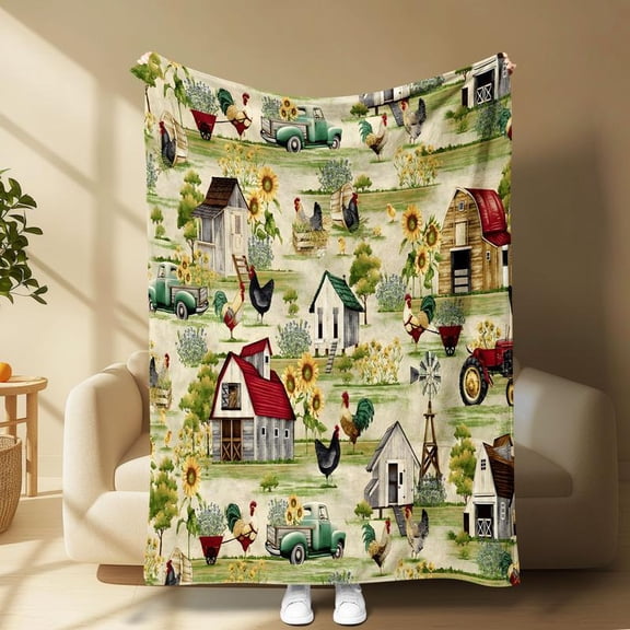 Farmhouse Flannel Blanket with Retro Barn, Roosters, Sunflowers, Green Field Design, Cozy Warm Throw for Sofa Bed, Soft Indoor Decor Outdoor Camping