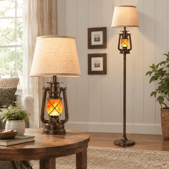 Farmhouse Flashing Night Lantern Floor Lamp with Dual Light Source and Linen Shade