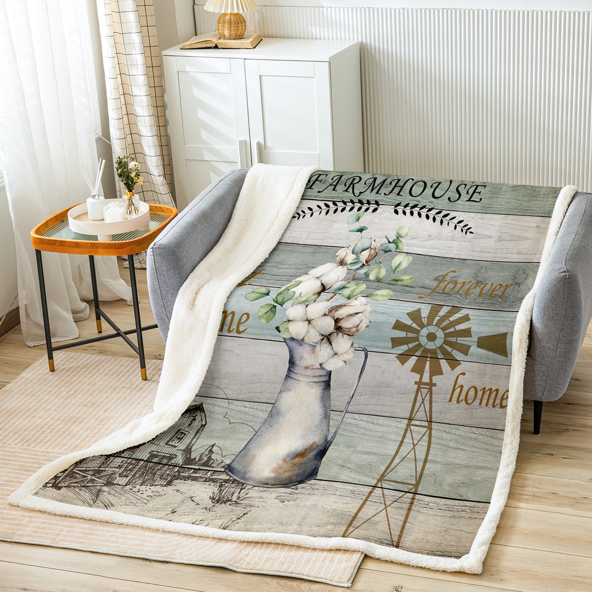 Farmhouse Fleece Blanket Country Floral Cotton Flower Blanket,Rustic