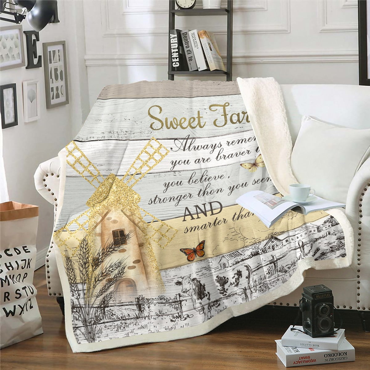 Farmhouse Fleece Blanket Queen Size, Rustic Windmill Throw Blanket