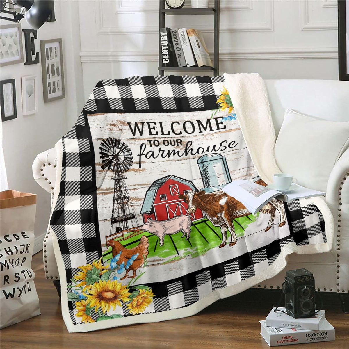 Farmhouse Fleece Blanket, Rustic Windmill Sherpa Blanket Twin Size,Farm