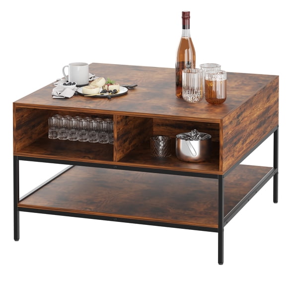 Farmhouse Flip Top Coffee Table with Storage  31.5" Rustic Wood Grain Table, Hidden Storage Compartment for Living Room, Sturdy Metal Frame  Easy to Assemble & Clean