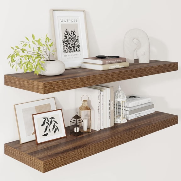 Farmhouse Floating Shelves for Wall 12 Inch Deep, 36" X 12" X 2" Floating Shelf, 2 Inch Thick Shelf for Living Room Bathroom Bedroom Kitchen, Rustic Farmhouse Decor Set of 2, Walnut