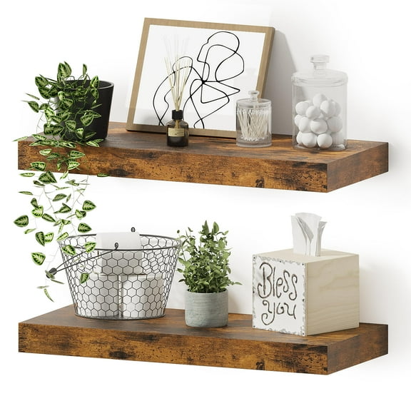 Farmhouse Floating Shelves for Wall, Extra Deep Thick Wall Mounted Shelf for Bathroom Kitchen Living Room, Wooden Storage Shelves with Invisible Brackets, Set of 2, Rustic Brown
