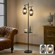 Farmhouse Floor lamp with Table, Double Head Vintage Floor Lantern, Standing lamp for Living Room，Bedroom, Rustic Floor Lamp with Black Finish