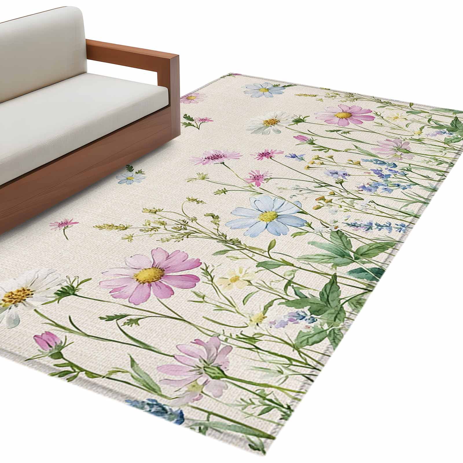 Fresh Rugs Farmhouse Floral Area Rug 4x6ft Wildflowers Herb Plant Retro Linen ...