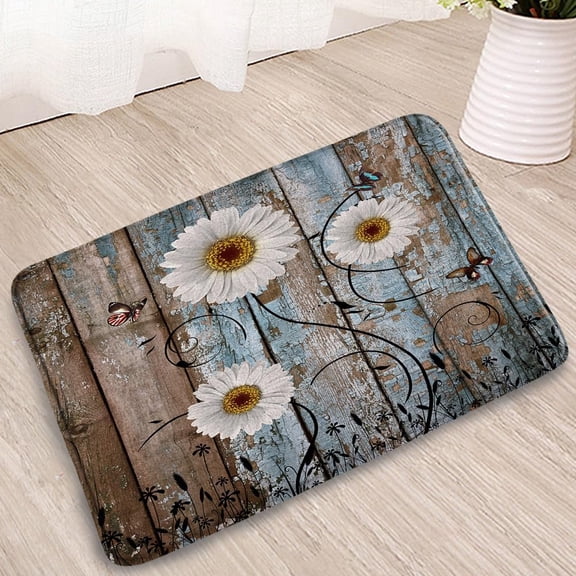 Farmhouse Floral Bath Mat Rustic Daisy White Flower Butterfly Vintage Barn Wooden Country Spring Botanical Home Kitchen Flannel Non-Slip Rug Doorway Welcome Carpet 23.6x15.7inch
