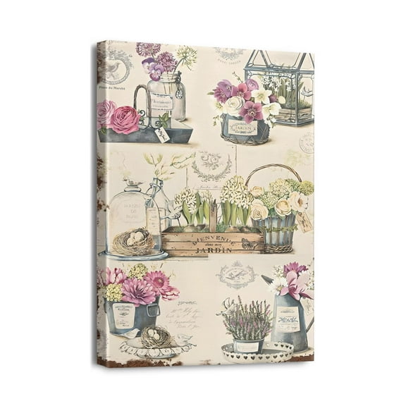 Farmhouse Floral Bathroom Decor Wall Art 12x16 Inch Canvas Print of Pink Poppy in Blue White Vase, Bath Towel Decor, Ideal for Bedroom and Bathroom Beautification