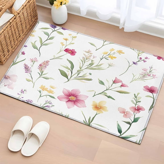 Farmhouse Floral Bathroom Rug Washable 2x3 Entryway Rug Non Slip Spring Botanical Blossom Flowers Front Door Mat Low Pile Indoor Doormat Throw Floor Carpet for Kitchen Bedroom Entrance
