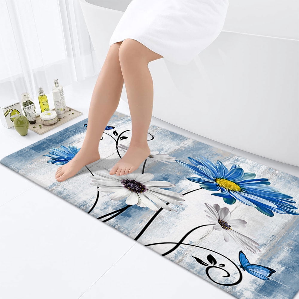 Farmhouse Floral Bathroom Rugs, Farm Rustic Farmhouse and Butterfly on Country Wooden Bathroom ...