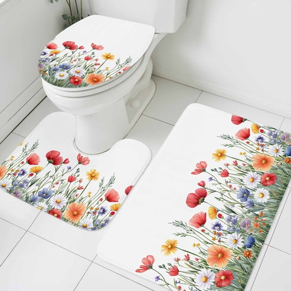 Farmhouse Floral Bathroom Rugs Set Nature Colorful Wildflower Spring Botanical Non Slip Absorbent Soft Bath Mats 3 Piece Set with Bathroom Rug, U-Shaped Floor Mat, Toilet Seat Cover Large Size