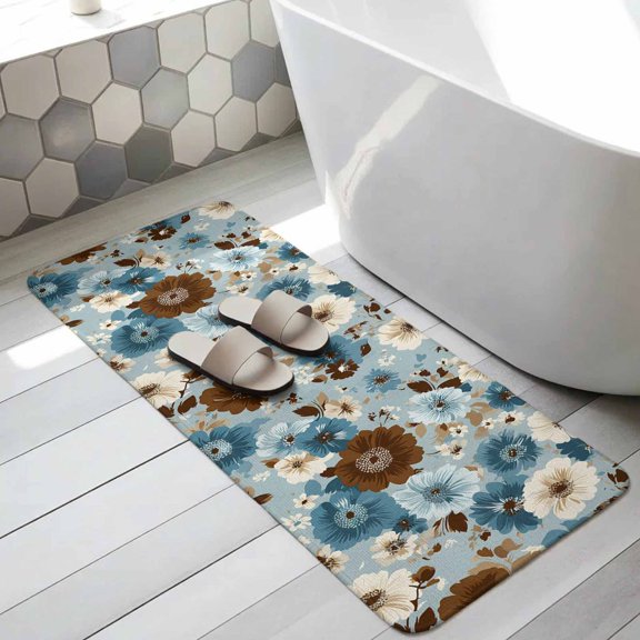 Farmhouse Floral Bathroom Runner Rugs Non Slip Washable Absorbent Narrow Long Bath Mat White Blue Brown Flowers Pastoral Pants Runner Rugs for Kitchen Hallway Bedroom Laundry Study Room 31.5"x63"