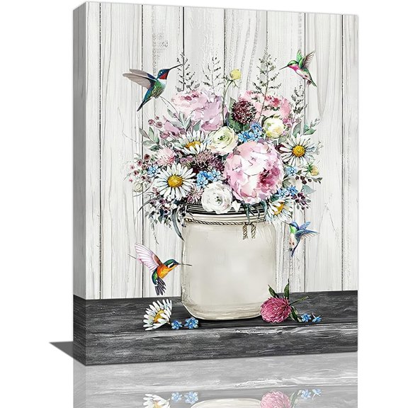 Farmhouse Floral Bathroom Wall Art Flowers Hummingbird Bathroom Pictures Bathroom Wall Decor Rustic Country Flowers Bathroom Canvas Painting Framed Artwork for Bathroom Kitchen Bedroom 12"x16"
