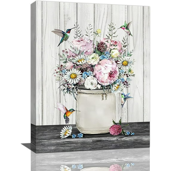 Farmhouse Floral Bathroom Wall Art Flowers Hummingbird Bathroom Pictures Bathroom Wall Decor Rustic Country Flowers Bathroom Canvas Painting Framed Artwork for Bathroom Kitchen Bedroom 12"x16"