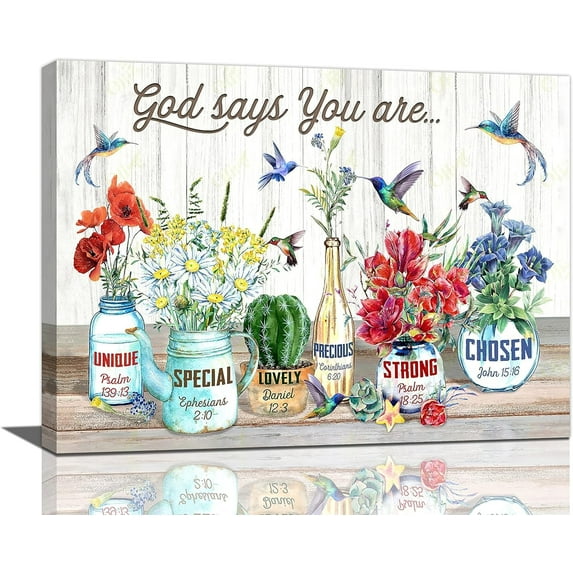 Farmhouse Floral Bathroom Wall Art Rustic Flowers Botanical Hummingbird Pictures Wall Decor Country God Says You Are Canvas Prints Artwork Painting Home Decoration for Kitchen Bedroom Framed 12"x16"