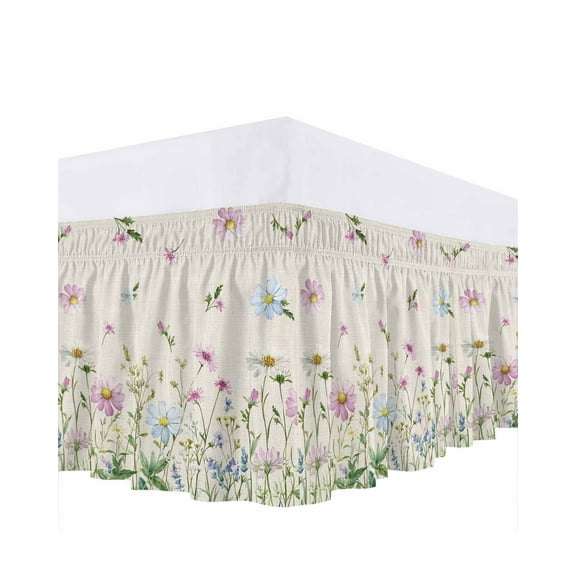 Farmhouse Floral Bed Skirt Wildflowers Herb Plant Retro Linen Texture Bed Skirts Queen Size 16 Inch Drop, Wrap Around Dust Ruffle Bedskirt with Adjustable Elastic Belt for Queen Size Beds