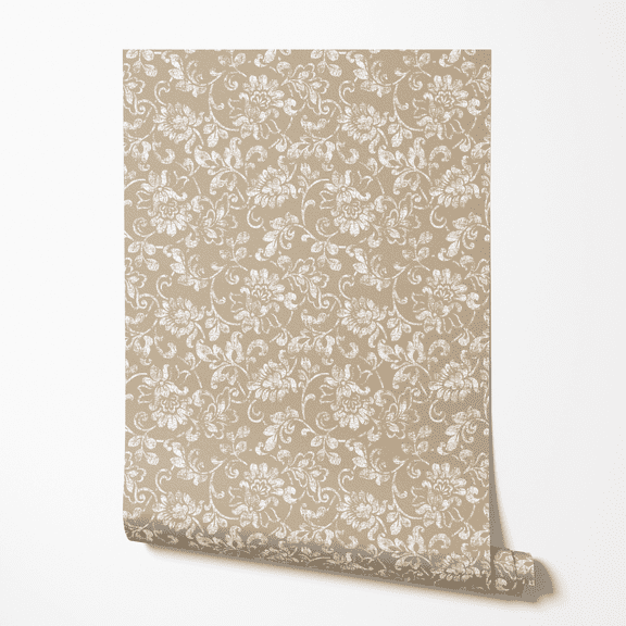 Farmhouse Floral Block Print on Brown Peel and Stick Wallpaper - Roll