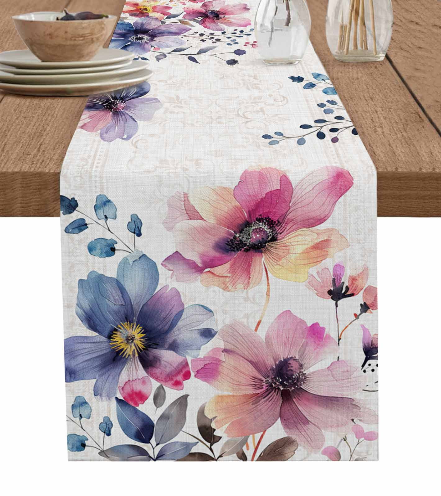 Farmhouse Floral BurlapCotton Table Runner 90 Inch Long,Spring Pink