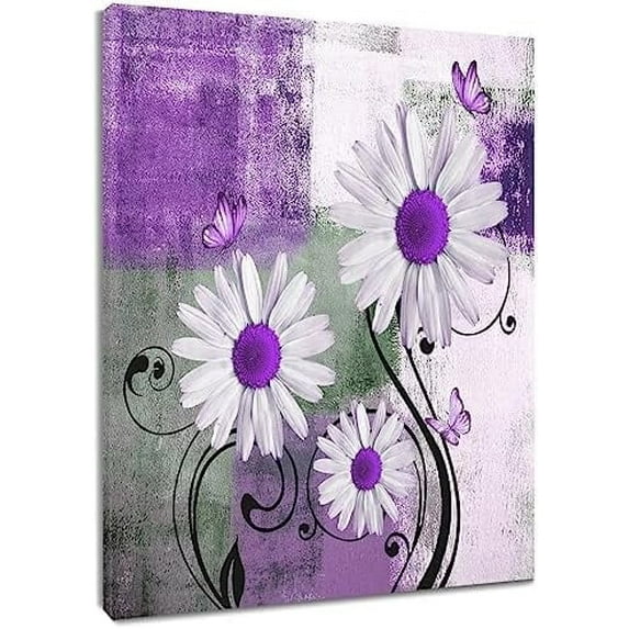 Farmhouse Floral Canvas Wall Art Purple Daisy Flower and Butterfly Wall Art for Living Room, Modern Abstract Geometric Grey and White Framed Wall Art for Bathroom Bedroom, 12x16 Inches