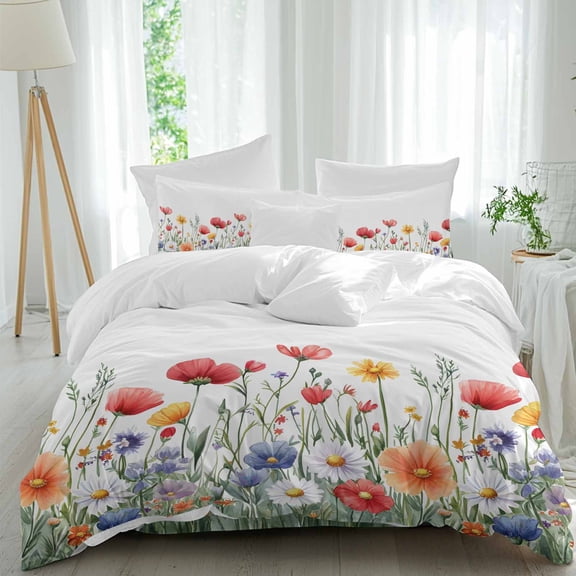 Farmhouse Floral Comforter Set Twin Size, Nature Colorful Wildflower Spring Botanical Soft Bedding Set for Man Woman, 4 Pieces Duvet Cover Set with Fitted Sheet, 2 Pillowcases