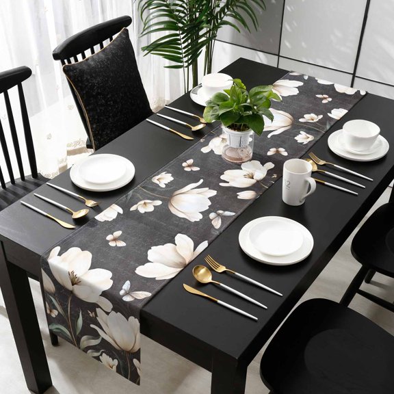 Farmhouse Floral Cotton Linen Small Table Runner 13 x 36 inch Magnolia Flowers Vintage Blackboard Non-slip Rectangular Dining Table Decor for Wedding Party Holiday Dinner