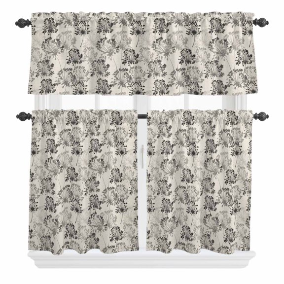 Farmhouse Floral Curtain Valances Set Watercolor Black White Dandelion Plants Linen Kitchen Curtains 36 inch Length Rod Pocket Valance and Tiers 3 Piece Set Small Bedroom Bathroom Laundry Decor
