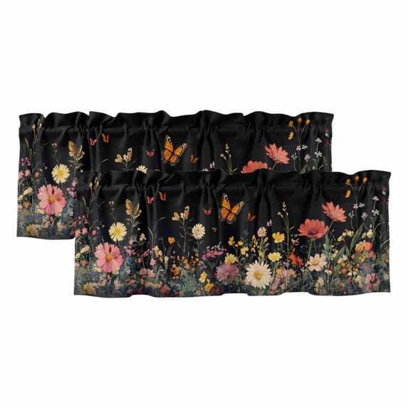 Farmhouse Floral Curtain Valances for Windows, Kitchen Valance Window Treatments Panel 2 Pack, Spring Flowers Black Rod Pocket Short Curtains for Bathroom Bedroom 42 x 18 Inch