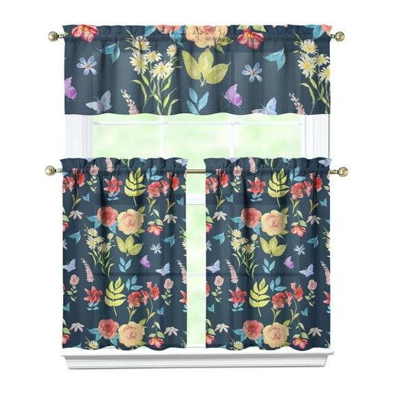 Farmhouse Floral Curtains 36 Inch Short - 3 Panel Set with Vintage Botanical Print, Bohemian Wildflowers & Sunshine, Rod Pocket
